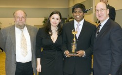 photo of Charles Knerr with Drake students Katharine Willey and Siva Kasinathan