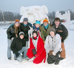 photo of Drake team with snow sculpture of Spike