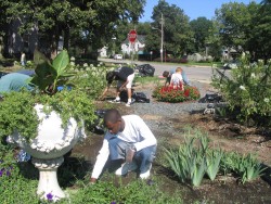 Photo of first-year students weeding garden as part of Welcome Weekend activities.
