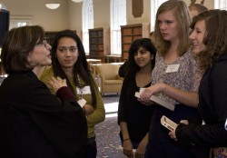Nafisi speaks with students after a Q&A session