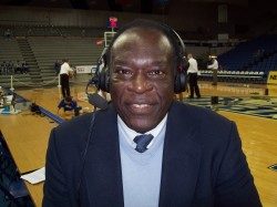 Pulliam at the broadcast table in Drake's Knapp Center, 2009.