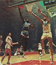 Dolph Pulliam lays the ball up against Lew Alcindor, now known as Kareem Abdul-Jabbar.