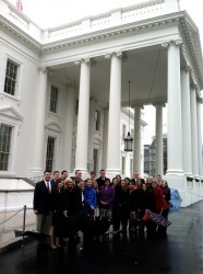 Drake students pose in front of the White House during a January-Term trip to study the presidential inauguration.
