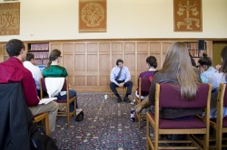 Balog speaks with environmental science students in the Cowles Library Reading Room.