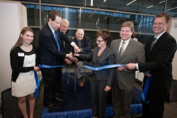 Left to right: Natalie Gadbois, President Maxwell, Bob Egeland, Morgan Cline, Lynne and Troy from Carver Trust, and Mitchell Webster   