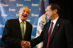 U.S. Sen. Tom Harkin, left, and Drake University President David Maxwell.