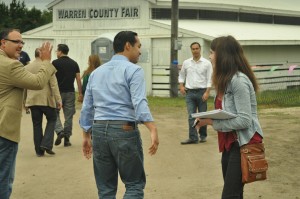 Meagan Flynn, right, finishes her interview with San Antonio Mayor Juan Castro. His twin, Joaquin, is in the background, in white shirt. 