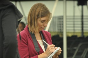 Lillian Schrock,a news-Internet major, takes notes.  