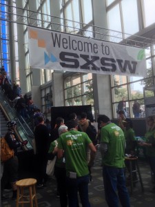 SXSW-goers arrive at the Austin Convention Center. 
