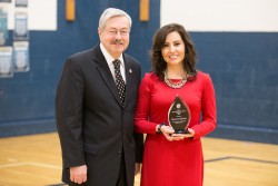 Governor Terry Branstad, left, with Iowa Teacher of the Year Clemencia Spizzirri.