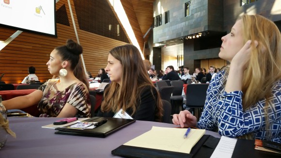 (Left to Right are ad majors Tess Montgomery, Hannah Powers, and Lauren Grabau who are listening to the morning keynote given by Scott Jenson of Google.)