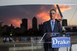 President Martin speaks to Drake alumni in downtown Des Moines.