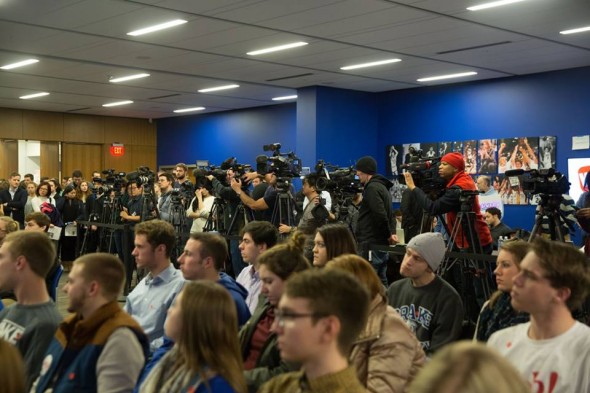 Media chronicle the caucus simulation.