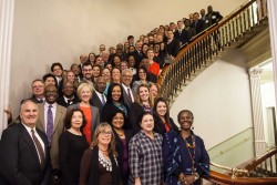 Drake University is one of 36 American colleges and universities that will host the Mandela Washington Fellowship Institutes for Young African Leaders sponsored by the U.S. Department of State this summer. Representatives of the partner institutions pose for a photo in Washington, D.C.