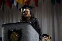 Brytani Cavil addresses her fellow graduates at commencement.