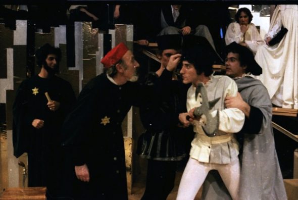 Guest artist Sol Frieder with Drake alumni Daniel Neiden and Steve Bannos in "The Merchant of Venice" by William Shakespeare. Directed by William S.E. Coleman, Music by Linda Robbins Coleman, 1979.