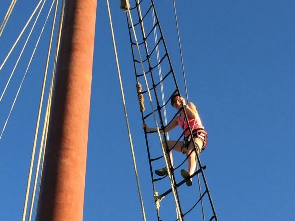 A Drake University student aboard the Liberty Clipper during the 2015 Leadership at Sea course.