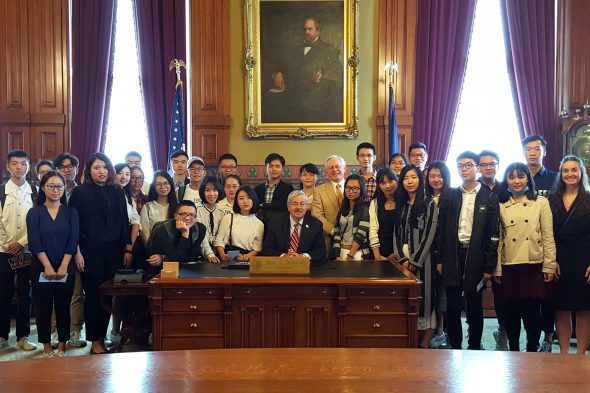 Terry Branstad greets 29 Chinese law students from the Southwest University of Political Science & Law as part of a week-long visit to Drake Law School in September 2016.