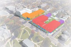 A conceptual rendering shows a hotel (orange), apartments (red) and row houses (purple) as part of a planned development by Nelson Construction & Development along University Avenue.