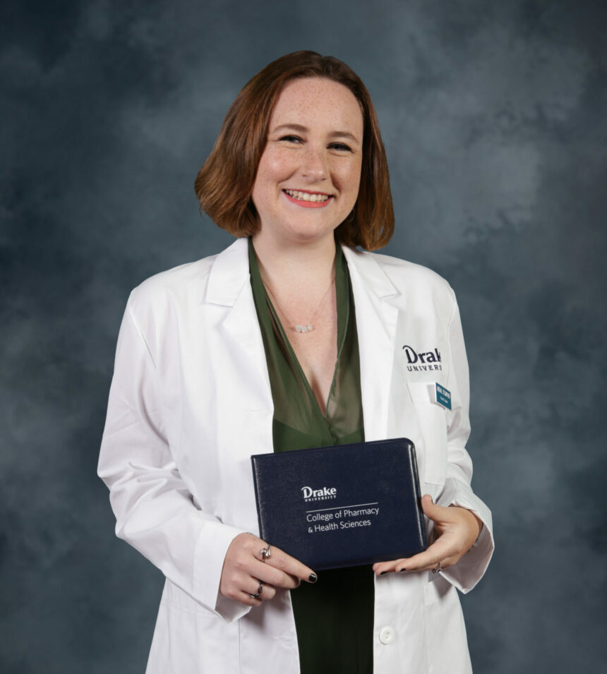 Third-year student pharmacist Abigail Stumpner poses for a portrait at the 2021 White Coat Ceremony for Drake University's College of Pharmacy and Health Sciences.