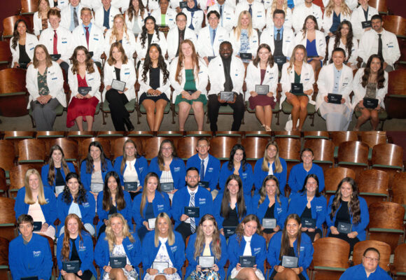 PharmD Class of 2027 White Coat Ceremony group photo and OTD Class of 2026 Blue Coat Ceremony group photo